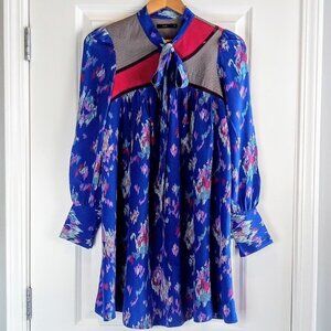 Lux Blue Magenta Crochet Yoke Tie Neck Silk Mini Dress